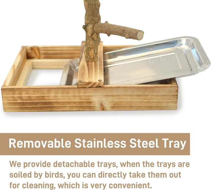 LIMIO natural wood bird toys playground, 2 stainless steel cups, removable tray, small to medium bird accessories
