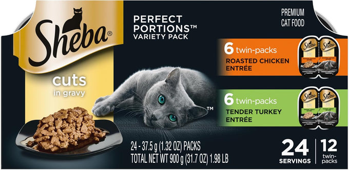 sheba perfect portions wet cat food cuts in gravy, roasted chicken entree and turkey entree, 12-count twin-pack trays