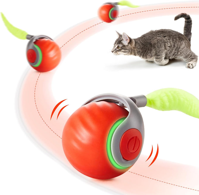 Potaroma moving ball cat toy with feather tail, rechargeable, 2-speed, 2-modes, orange, for indoor cats exercise