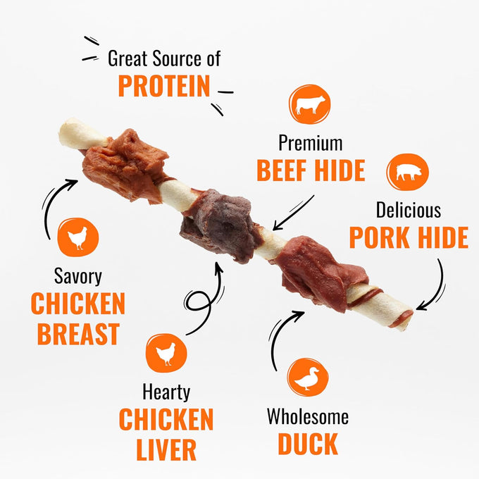 Good 'n' Fun Triple Flavor Kabobs Dog Chews, 24 Ounces, Beef Hide, Chicken, Pork Hide, Duck, Chicken Liver
