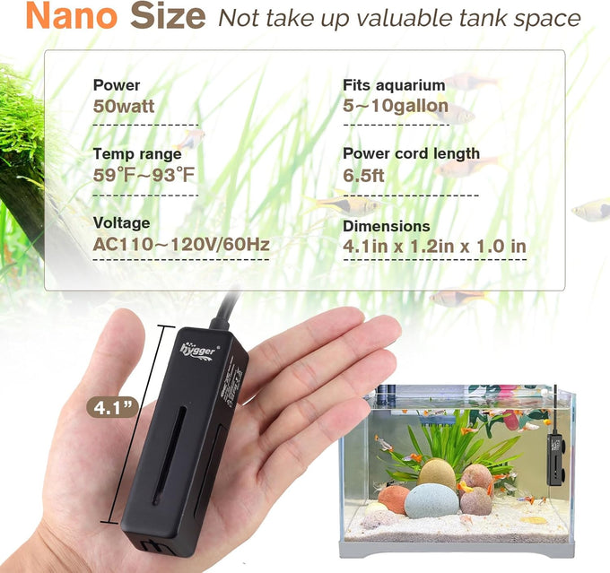 hygger 50w mini submersible heater for 5-10 gallon betta aquarium with digital display controller