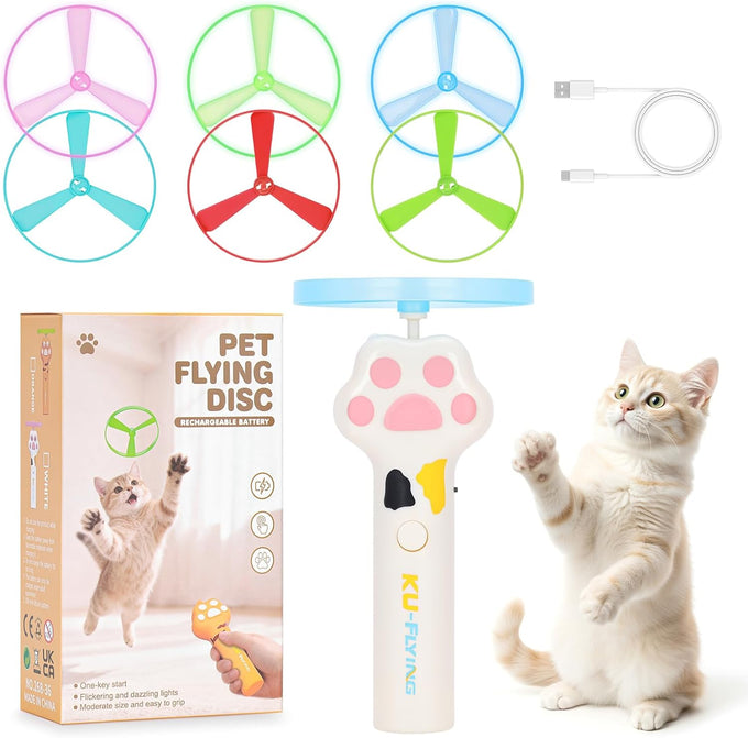 White Cat Fetch Toy with Rechargeable Flying Disc Launcher and 6 Glowing or Classic Discs