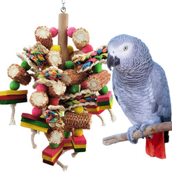 Natural multi-colored wooden bird toys for African Grey, Amazon, and small medium-sized parrots to exercise beak strength