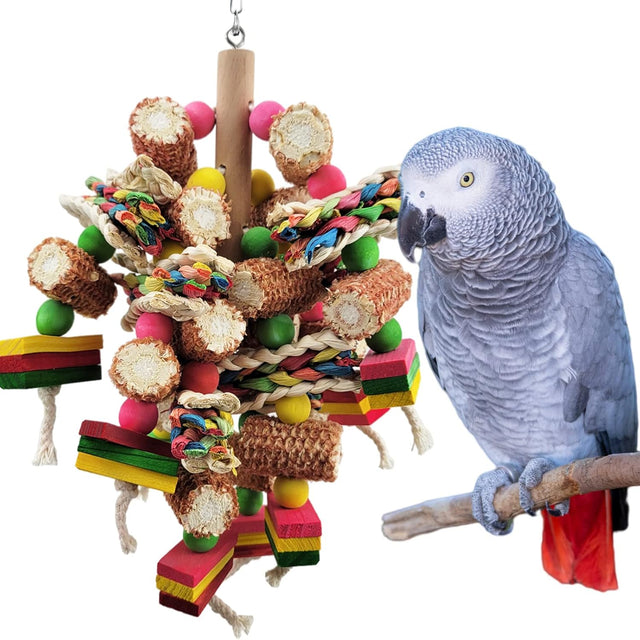 Natural multi-colored wooden bird toys for African Grey, Amazon, and small medium-sized parrots to exercise beak strength