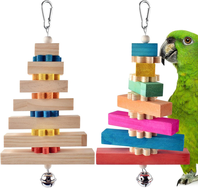 dbness large parrot hanging chew toy 2 pcs wooden block with bell for medium to large parrots and cockatiels