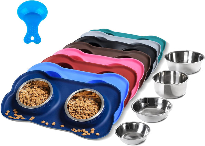 hubulk pet dog food and water bowls set with non-slip silicone mat and pet food scoop, pink, small