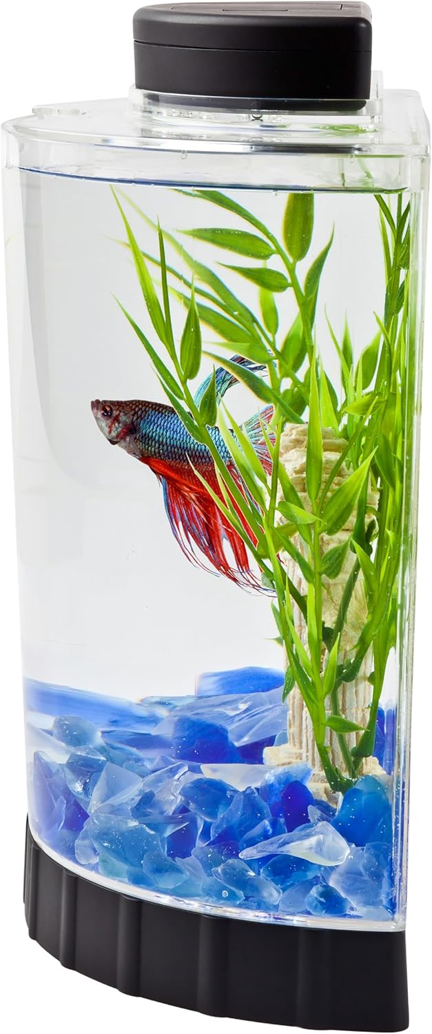 Tetra LED half moon aquarium kit with clear plastic fish tank ideal for betta fish care, small, 1.1 gallons, energy-efficient LED lighting