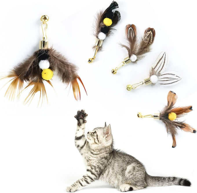 cat insect feather toys 6 pieces natural replacement refills interactive teaser attachments with bell
