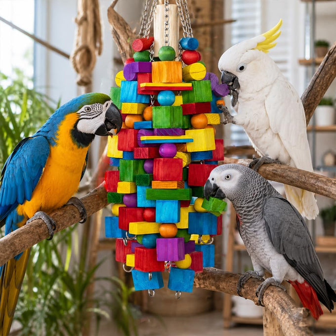 Natural Wood XL Parrot Toy, 20 in Stainless Steel Chain Hanging for Macaws, Cockatoos, African Greys, and Large Parrots