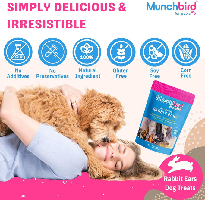 Munchbird Dehydrated Rabbit Ears 100g for Dogs, Natural Fiber, Rawhide Free, European Rabbit Association, France