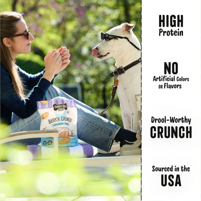 Three Dog Bakery Bark'n Crunch! Chicken Chips 15 oz Grain Free Treats for Dogs High Protein Snacks