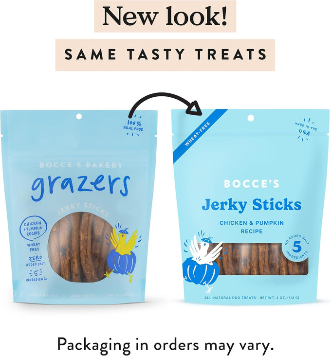 Bocce's Bakery low-sodium, high-protein, wheat-free chicken & pumpkin jerky dog treats, 4 oz, made in USA