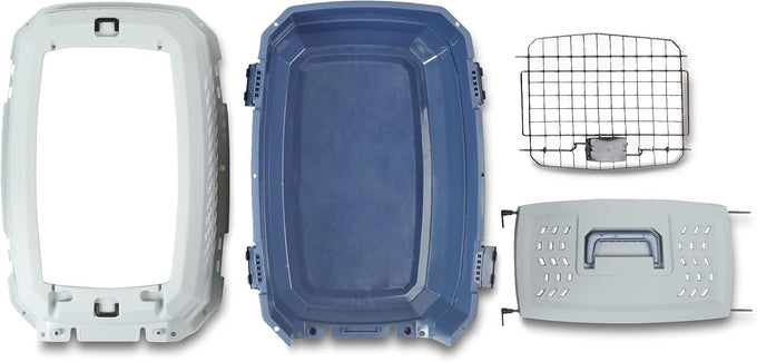 Amazon Basics sturdy gray and blue pet travel carrier for dogs and cats, 22.8"L x 15"W x 13"H