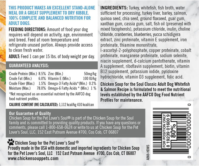Chicken Soup for The Soul All Natural Premium Adult Wet Dog Food, Real Meat First Ingredient, No by-Products, Artificial Colors, Flavors or Preservatives, Salmon & Whitefish Pate, 13oz (Pack of 12)