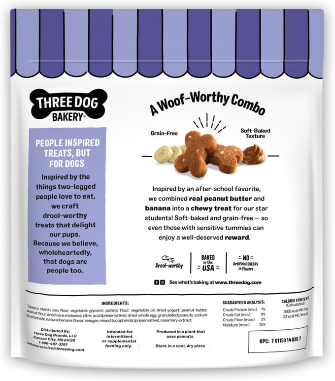 Three Dog Bakery grain-free 'Woof'ers, peanut butter & banana flavor, soft-baked dog treats for puppies, seniors, and all sizes