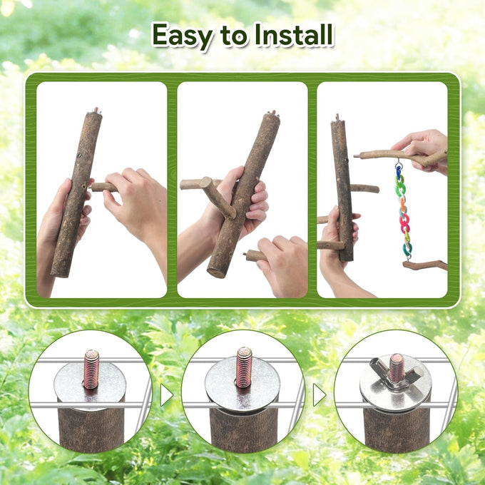 Bird Swing Toys with Perch Stand for Budgies, Parakeets, Cockatiels, and Small Birds - Bird-Safe Wood and Colored Chains