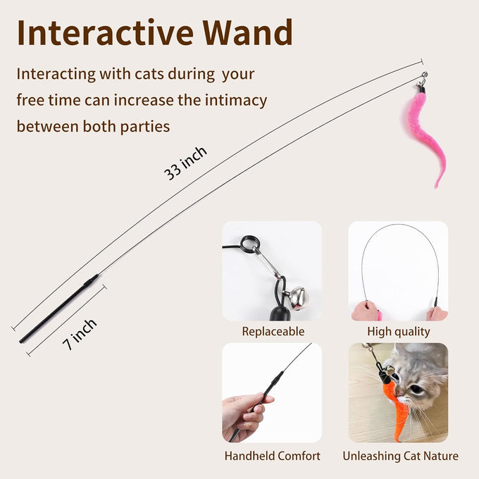Interactive Cat Toys Refills with 8 Assorted Teasers and Wand for Indoor Cats - Adjustable Height and Durable