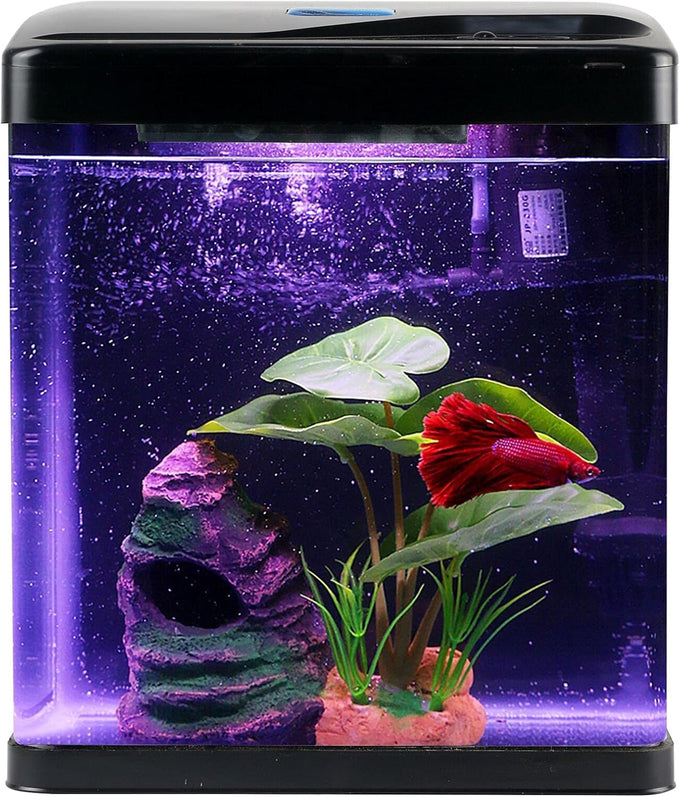 Betta fish tank self cleaning glass 2 gallon small nano aquarium starter kit with led light and whisper filters