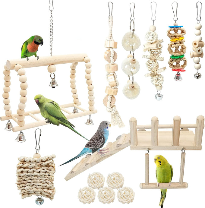 Hamiledyi bird parrot swing chewing toy set 15pcs wooden hanging bell hammock climbing ladders colorful pet birds cage toys