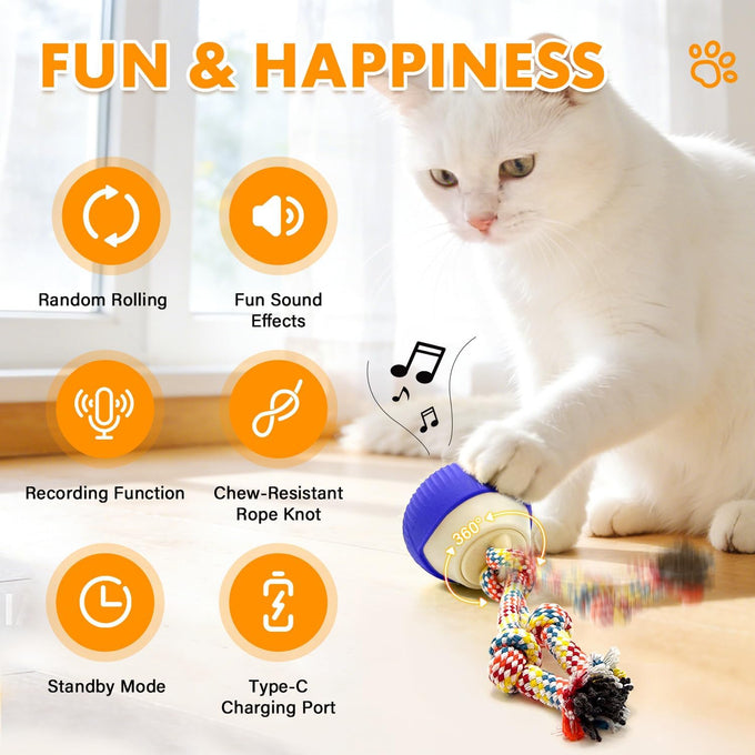 blue rotating interactive cat toy with voice recordable auto rolling pet toy for indoor cats & small dogs