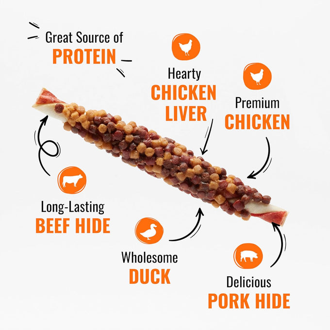 Good 'n' Fun Triple Flavor Blasts - Chicken, Duck, and Beef Hide Chews for Dogs, 4 Ounces, Long-Lasting Snack