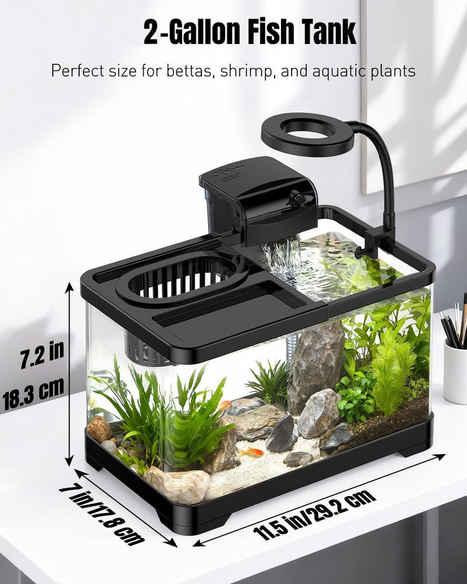 Pawfly 2-gallon betta fish tank kit, small aquarium starter kit with 6w led light, 65gph filter and siphon vacuum water changer