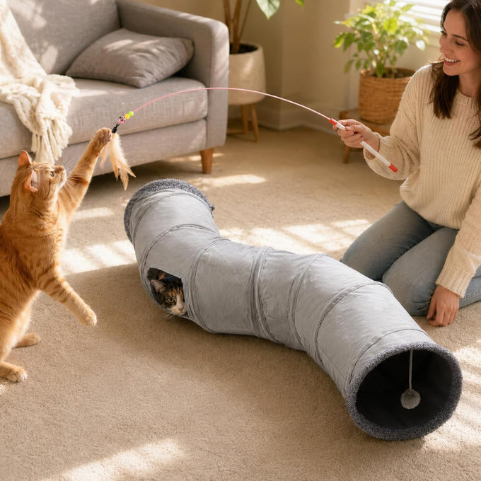 XiaPia 6-in-1 Collapsible Cat Tunnel with Interactive Roller Ball and Crinkle Hideout for Indoor Cats
