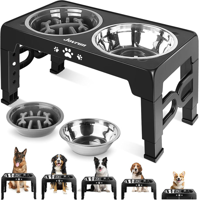 Jovrun elevated dog bowls for medium large size dogs, non-slip feeder with 2 food water bowls, 5 heights adjustable raised bowls stand