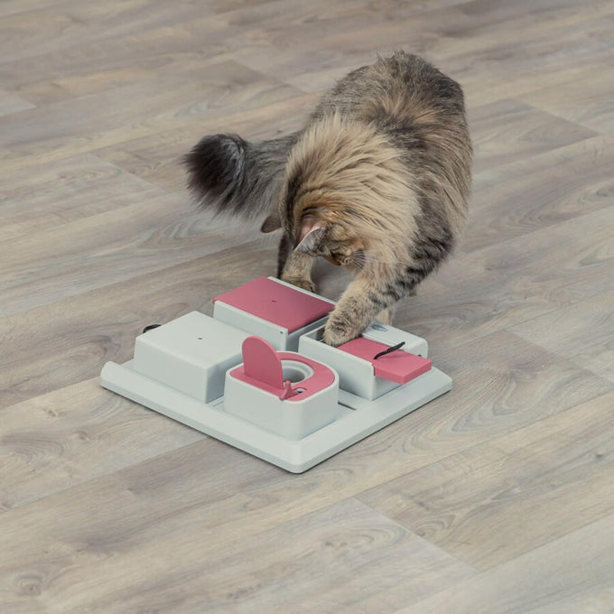 Trixie cat activity poker box strategy game with 4 modules for mental stimulation and slow feeding pink gray 12.2 x 12.2 x 2.5 in