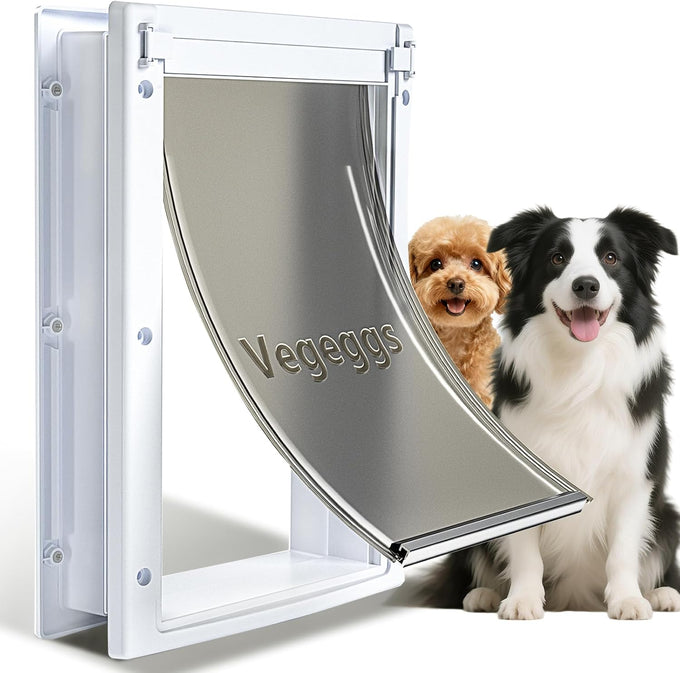 Large dog door for wood & PVC doors & walls, 10 1/8" x 15 3/4" flap opening, easy install, strong magnetic auto-close & sliding lock