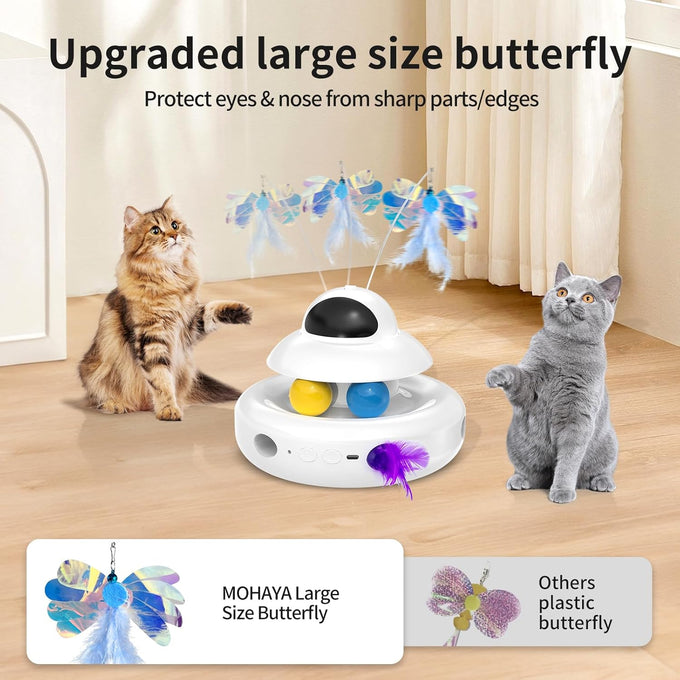 Mohaya 4-in-1 Interactive Cat Toy with Laser, Feather, and Track Balls - USB Rechargeable White