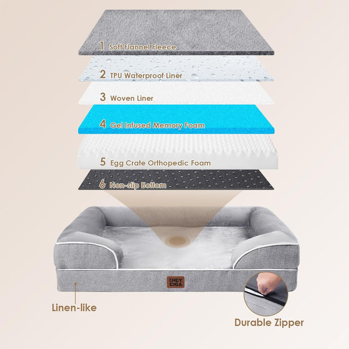 EHEYCIGA Orthopedic Dog Bed for Extra Large Dogs, 44x32Inch Grey Waterproof Memory Foam with Sides and Non-Slip Support