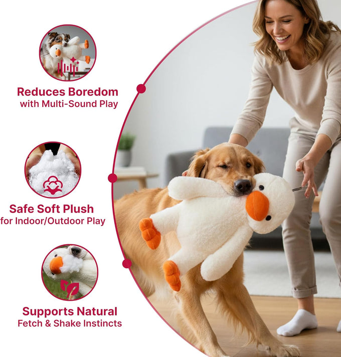 Pet Lou 15 Inch duck plush dog toy, durable super-soft squeaky interactive toy for chewers, heavy duty stuffed