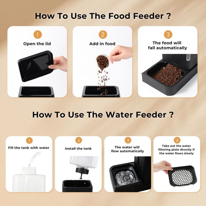 zomisia automatic cat feeder and water dispenser set with 180 degree rotatable for small dogs and cats black 0.8 gallon x 2