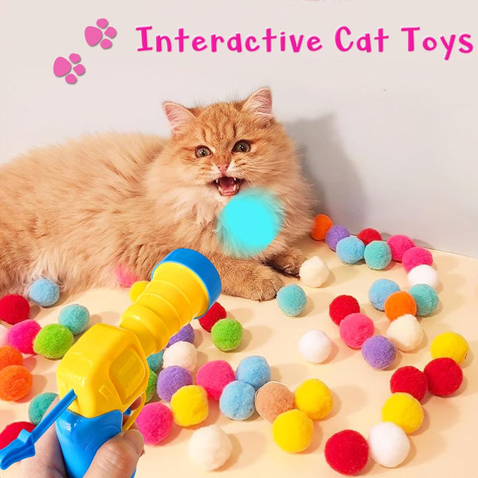 2 Cat Toy Launchers & 100 Cat Pom Pom Balls in Macaroon Colors, Silent Plush Elastic Balls for Kitty
