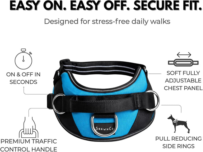 ShawnCo Essential Dog Harness for Small, Medium, and Large Dogs, No-Pull Pet Vest with 3 Leash Clips and Reflective Straps, Oceanic Blue, S