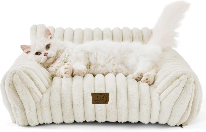 Bedsure 24inch ComfyFleece Cute Cat Couch for Indoor Cats, Cream, Removable Washable Cover and Supportive Pet Sofa