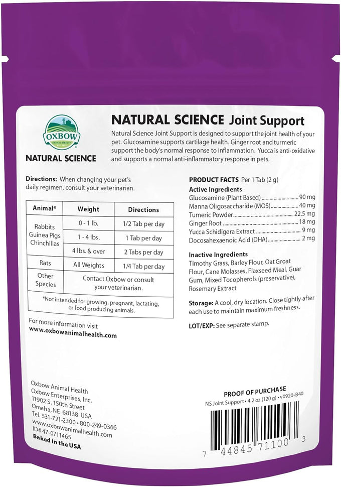 Oxbow Timothy Hay Joint Support Supplement for Rabbits & Guinea Pigs, Made with Glucosamine & Turmeric, 4.2 oz