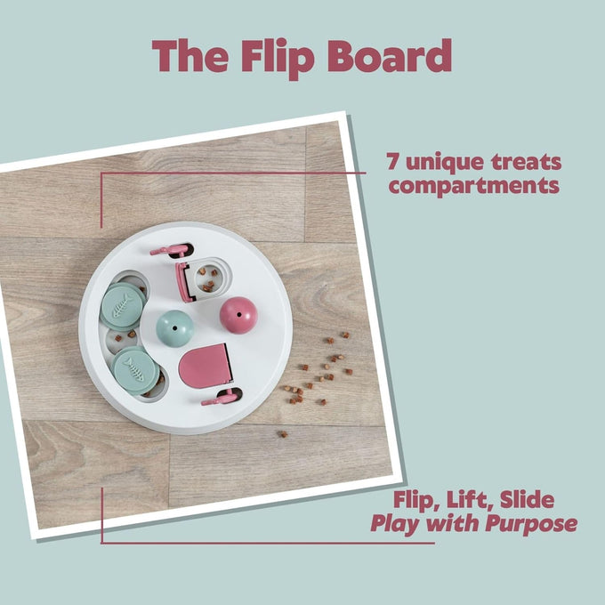 Trixie Cat Activity Flip Board - 4-module treat puzzle enrichment toy for indoor cats - Berry/Gray, 9x9x2.5in