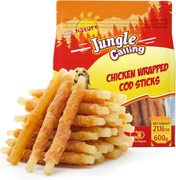 jungle calling 35-count rawhide free dog treats, 4.5-inch chicken wrapped cod sticks for small to medium dogs
