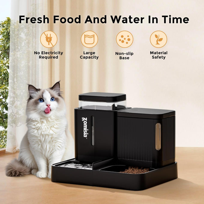 zomisia automatic cat feeder and water dispenser set with 180 degree rotatable for small dogs and cats black 0.8 gallon x 2