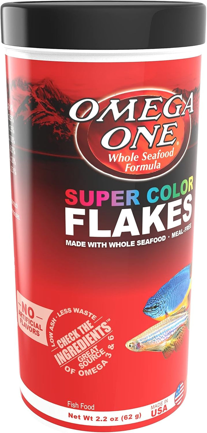 Omega One Super Color Flakes 2.2 oz aquarium fish food with beta carotene and omega 3 6 HUFA