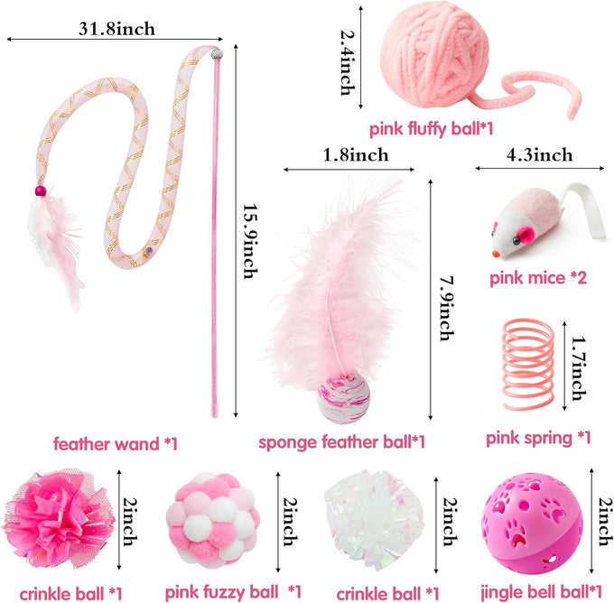 mallmall6 10pcs cat toy set interactive cat toys pack feather teaser wand cat springs mice crinkle balls pink