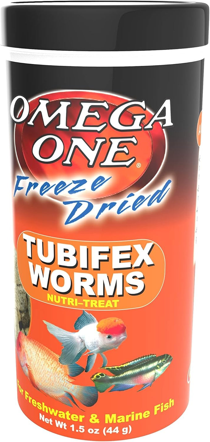 Omega One freeze-dried Tubifex Worms, 1.5 oz, high-protein freshwater and saltwater fish treat