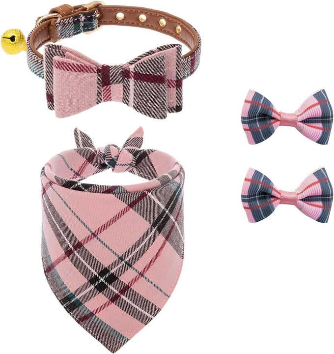 PupTecK 3-Pack Adjustable Soft Leather Dog Collar and Leash Set with Bow Tie and Bells, Black & White Checkered, Small Dogs and Cats Accessories