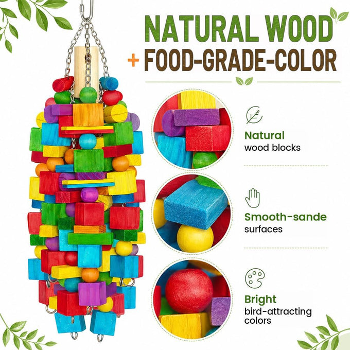 Natural Wood XL Parrot Toy, 20 in Stainless Steel Chain Hanging for Macaws, Cockatoos, African Greys, and Large Parrots