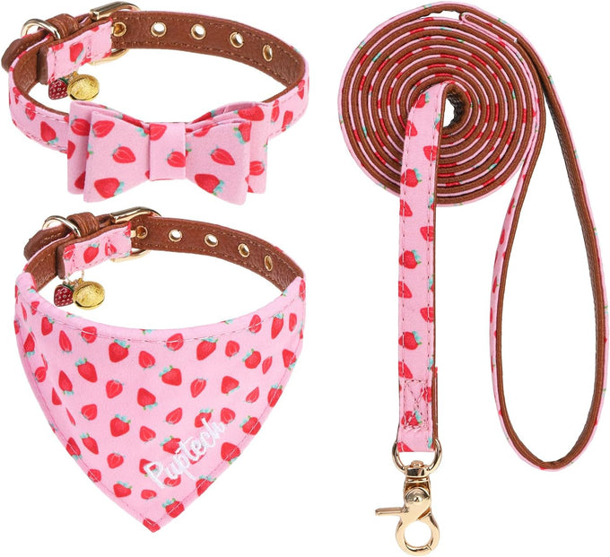 PupTecK 3-Pack Adjustable Soft Leather Dog Collar and Leash Set with Bow Tie and Bells, Black & White Checkered, Small Dogs and Cats Accessories
