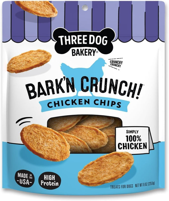 Three Dog Bakery Bark'n Crunch! Chicken Chips 15 oz Grain Free Treats for Dogs High Protein Snacks
