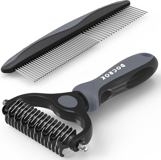 Docrok pet grooming combo with metal comb for detangling and dematting long fur on dogs and cats, blue