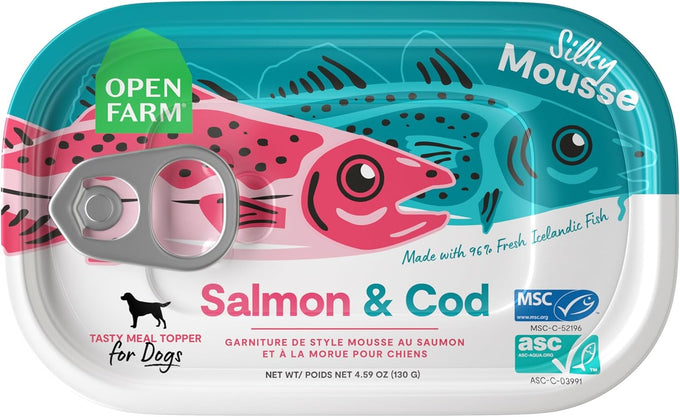 Open Farm, Canned Dog Food Topper, Silky Mousse Made with 96% Responsibly Sourced Icelandic Fish, Grain & Legume Free, Salmon Recipe, 4.59oz Cans (Pack of 12)